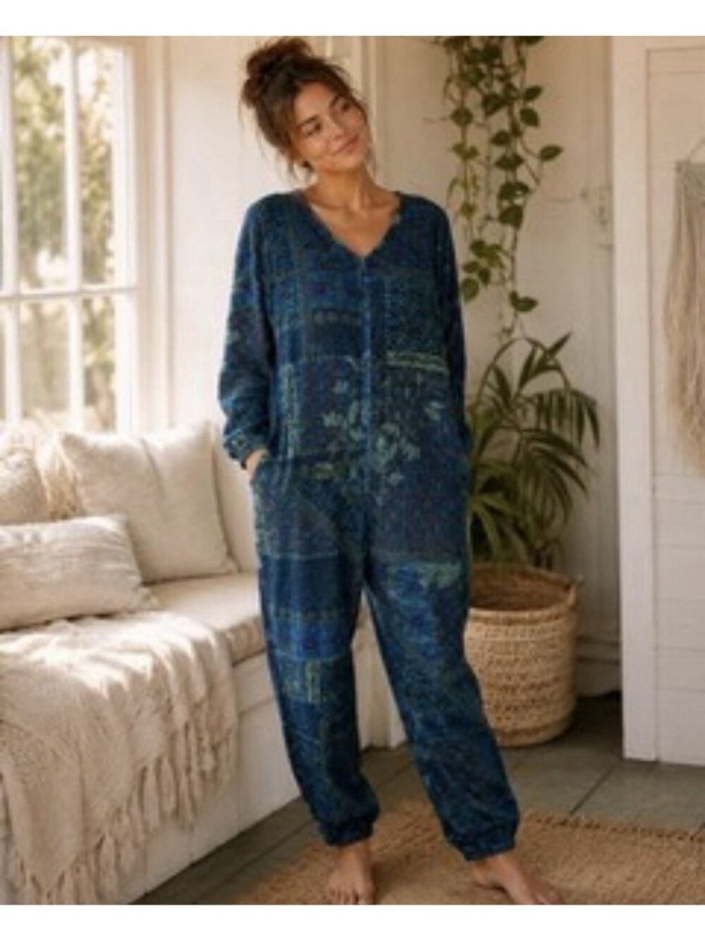 Natural Life Women's Fleece One Piece PJ Lounge Jumpsuit Large Boho Floral Cozy